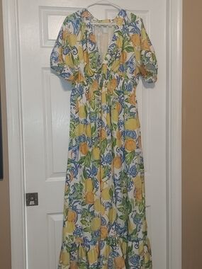 SHEIN Lemon & Blue Floral Puff-Sleeve Maxi Dress